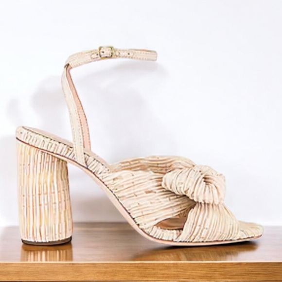 New Loeffler Randall Camellia Pleated-Knot Bow 9 Cream Plaid Heel Sandal Bridal